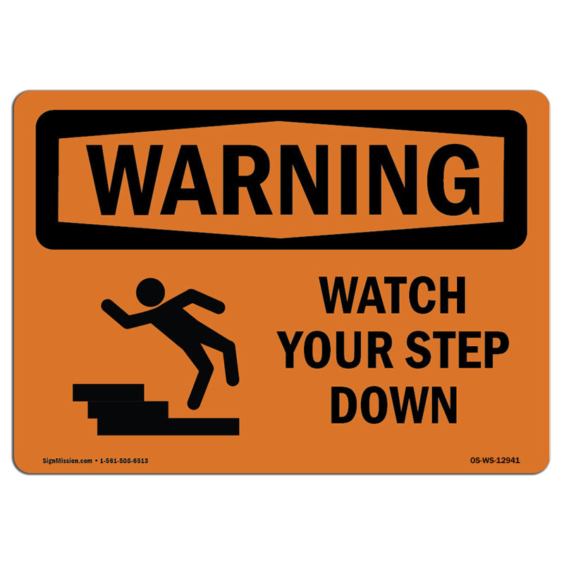 Watch Your Step Down With Symbol Aluminum Sign 12 x 18, 12" H x 18" W x 0.1" D