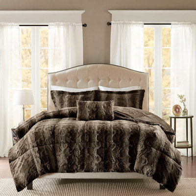 Dark Brown King Comforter With Faux Fur, , 4Pc Including Comforter, 2 Shams And Decorative Pillow Fur , Filled,