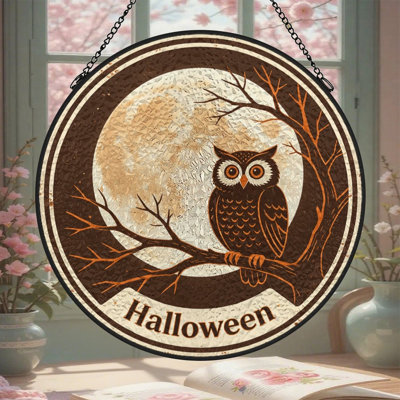 Hibou lune Halloween panneau rond vitrail Suncatcher pour décoration de fenêtre