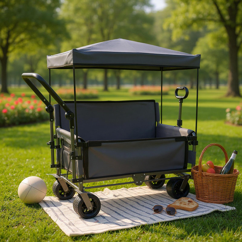 Chariot pliant 3-en-1 avec banquette, auvent et rangement, Gris