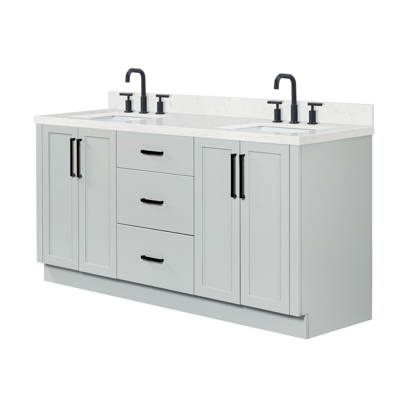 Meuble-lavabo double rectangulaire de 183 cm (72 po) avec comptoir en quartz blanc de Carrare de 3,8 cm (1,5 po) d'épaisseur, finition grise.