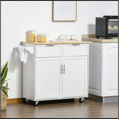 Îlot de cuisine sur roulettes moderne 41 po, plateau en bois d'hévéa, tiroirs, blanc