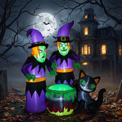 Sorcières d'Halloween gonflables de 6 pi et chat noir autour du chaudron avec DEL, décoration de fête de jardin avec pelouse effrayante