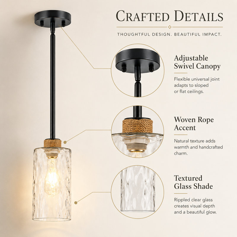 1-Light Simple Glass Pendant Light with Linen, Adjustable Swivel Canopy for Kitchen Island, Dining Rooms, Entryways