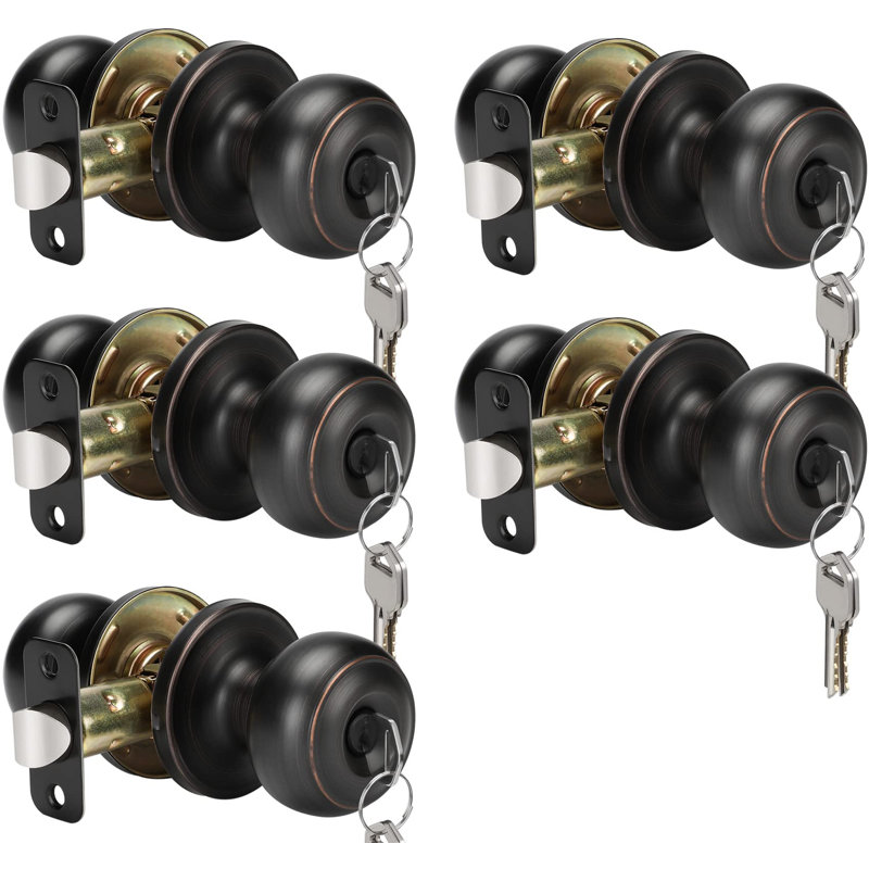 Poignée de porte d'entrée verrouillable à clé en bronze huilé avec clés pour portes avant, paquet de 5, À serrure à clé