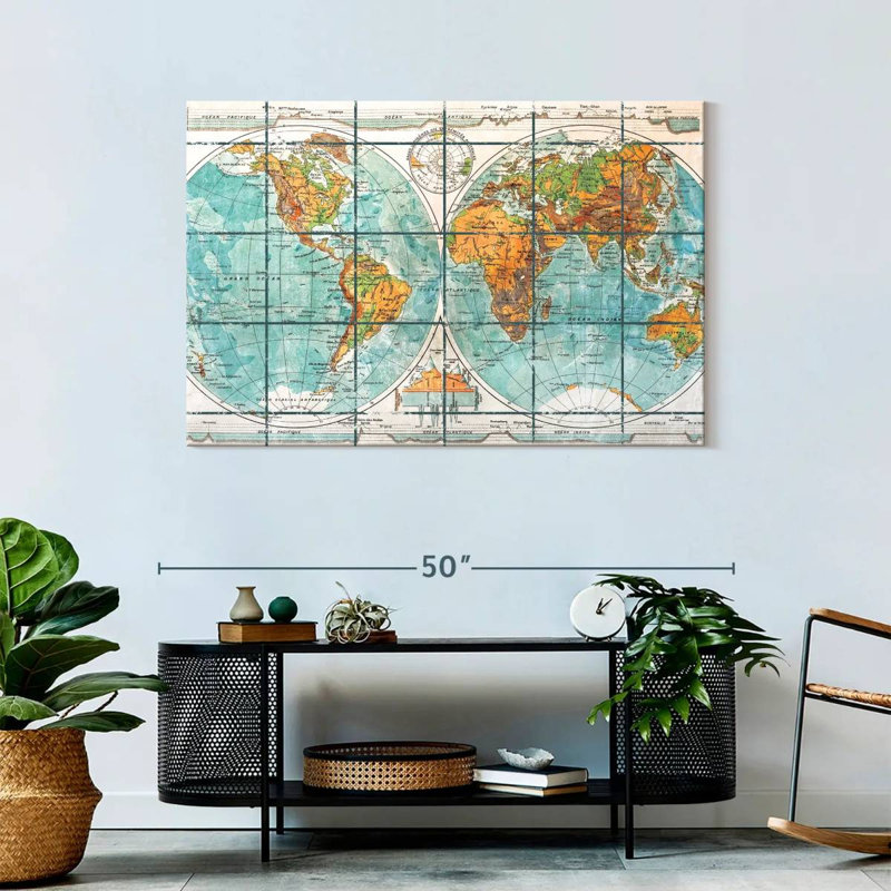 Globe terrestre carte du monde sur toile, H 30 po x l 45 po x P 1,25 po