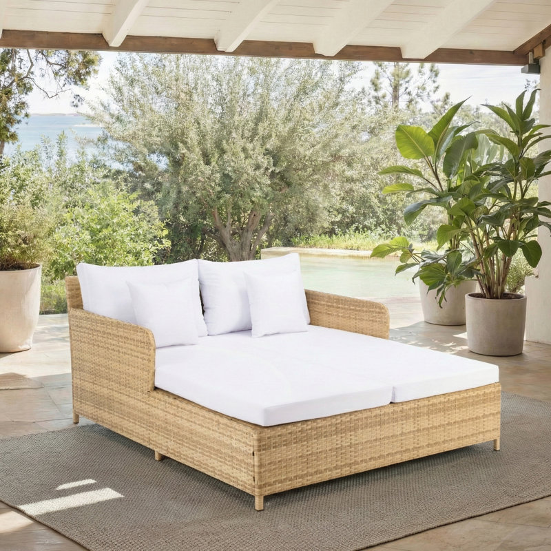 Cadeo 53.1'' Wide Straight Wicker Patio Daybed with Cushions, Natural Frame/White Cushion