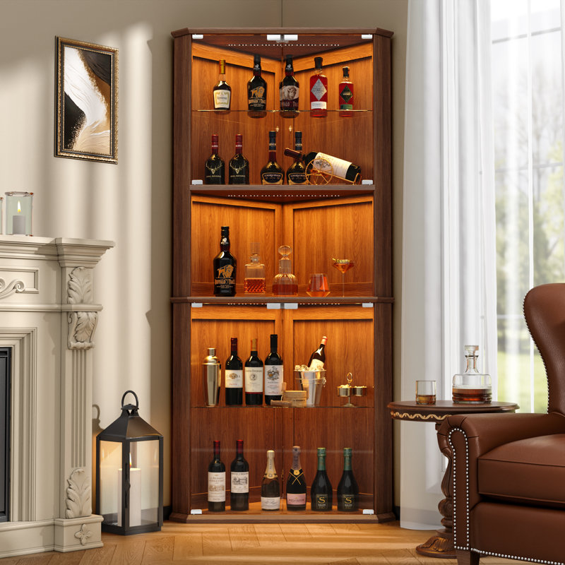 71.6" Corner Display Cabinet With LED Lights, 6-Tier Tall Curio Cabinet With Adjustable Glass Shelves&Glass Door, Wine Cabinet For Living Room, Home Bar