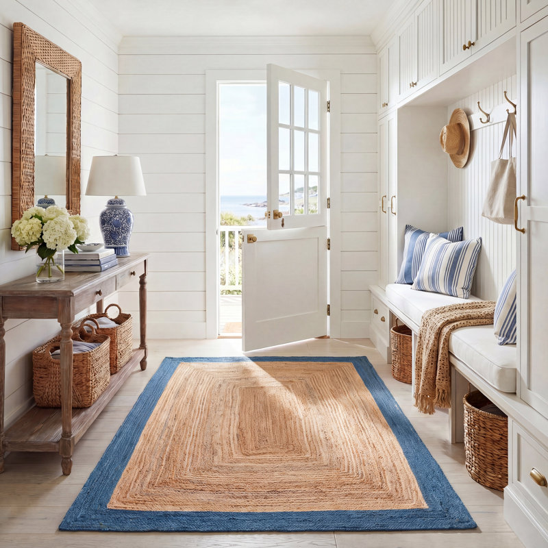 Rea Natural Fiber Flat Weave Jute/Cotton Striped Rug in Natural/Blue, Rectangle 5' x 8'