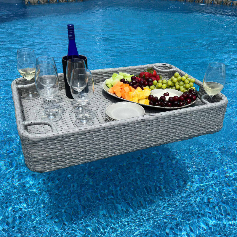 Sunjoy Wicker Floating Tray 36x24 inch Aluminum Frame Pool Tray Swimming Floating Serving Tray for Drinks, Snacks, and Essentials