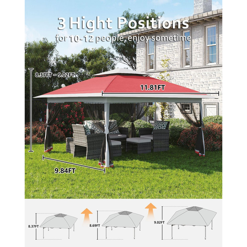 12' X12' Pop Up Gazebo, Canopy Tent With Mosquito Netting, One Push Setup, Red