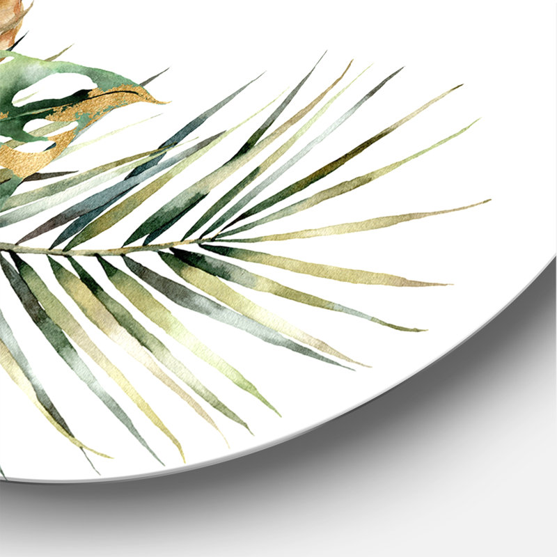 Ananas avec noix de coco, plumeria et feuilles de palmier - Cercle en métal traditionnel, H 11 po x l 11 po x p 1 po