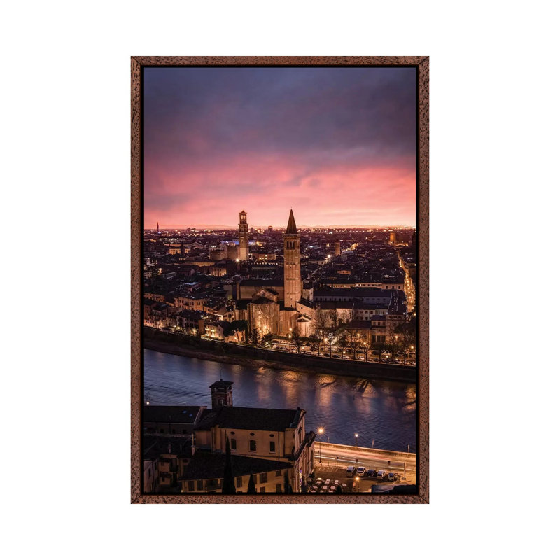 Sunset In Verona by Enzo Romano - Print on Canvas, Classic Brown Wood Framed, 66.04cm H x 45.72cm W x 3.81cm D