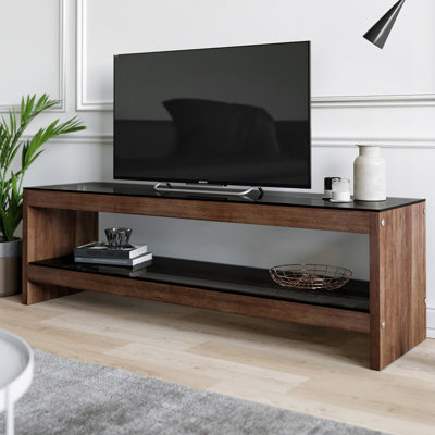 Modern TV Stand with Shelves, Walnut Color, 55.1 x 17.7 x 15.7 inches | 100% Pine Solid Wood & 8 mm Tempered Glass | Wall-Mountable, Stylish Design for Living Room & Entertainment Spaces, Durable and Functional
