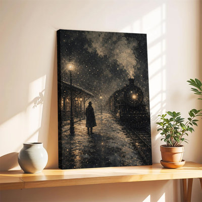 Gare ferroviaire à vapeur vintage par une nuit d'hiver enneigée avec lampadaires, tableau sur toile représentant un paysage de Noël rétro pour la décoration murale de la maison