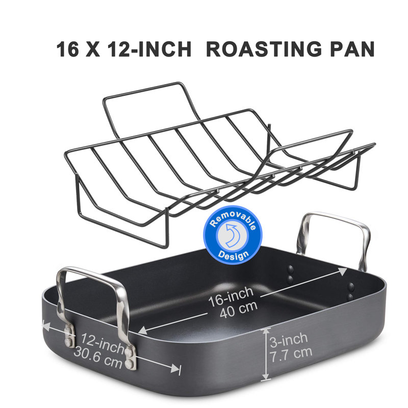 Hard Anodized Nonstick Rectangular Roasting Pan with Rack and Handles