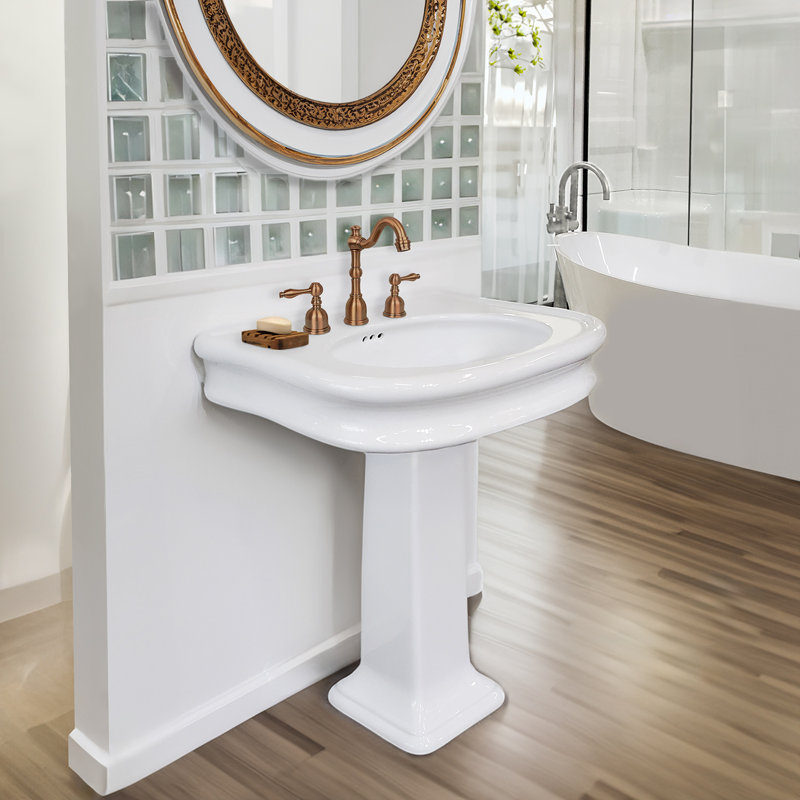 Isabella 34" White Ceramic Rectangular Pedestal Bathroom Sink with Overflow, 8" Centers