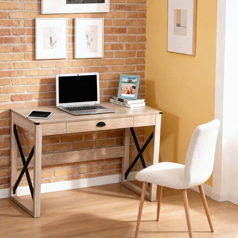 Bureau d'ordinateur de 44 pouces, bureau d'écriture rustique, poste de travail de ferme avec tiroir de rangement, structure en X