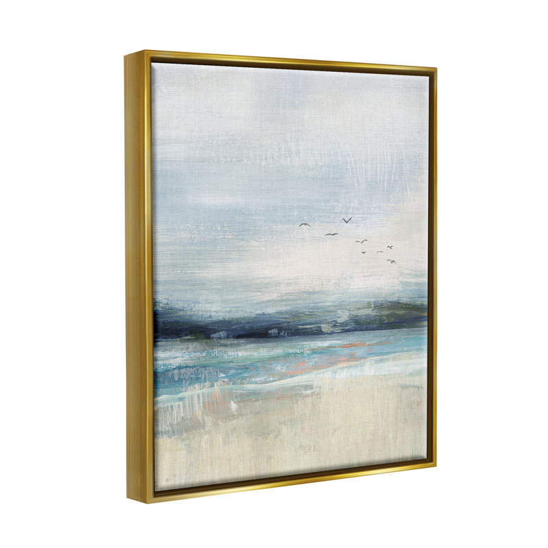 «Brossed Ocean Seagulls Landscape Floater» par Nina Blue, H 31 po x l 25 po x P 1,7 po, Cadre flottant métallique doré