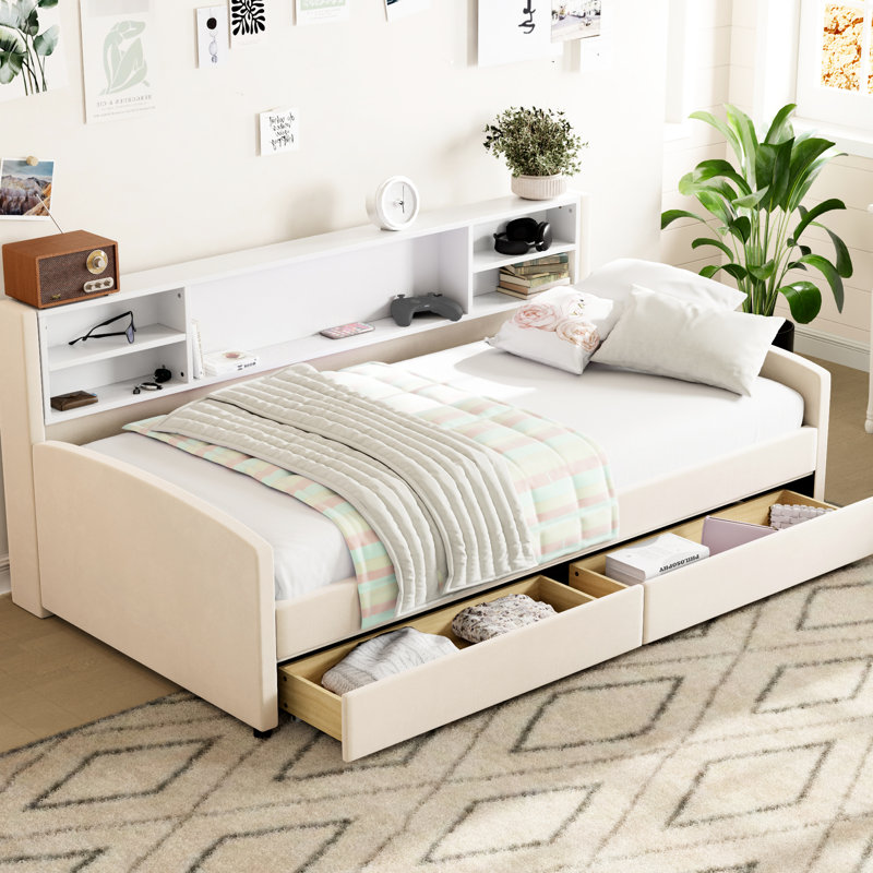 Lit simple beige avec plateforme rembourrée et armoire intégrée - Velours, rangement élégant en velours, tiroirs confortables et spacieux pour les vêtements de literie,