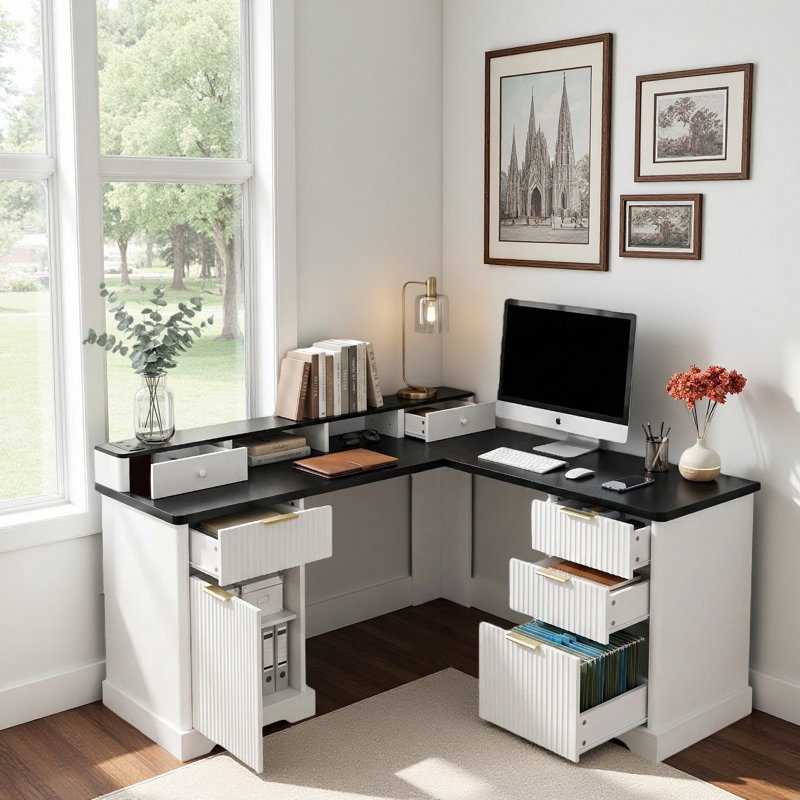 Bureau en L 59 po avec station de charge, bureau en L Executive avec tiroirs, armoire de rangement et support pour écran, bureau en coin
