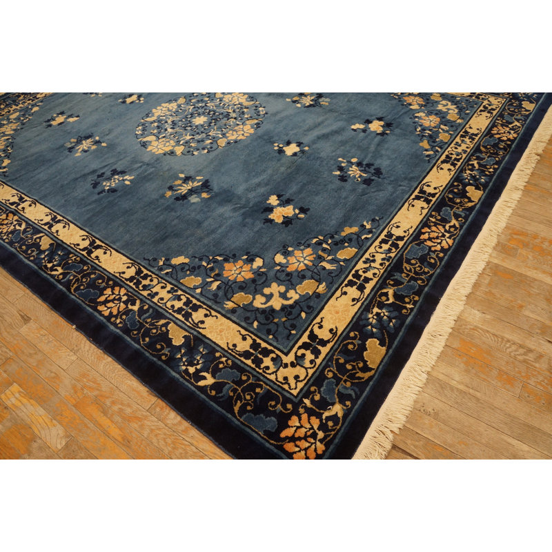 Wool Hand Knotted Pile Blue Rectangle 1920s Antique Rug