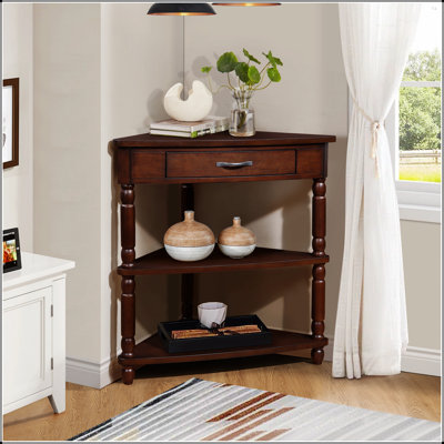 33.8'' Small Triangle Corner Table, 3 Tier Wood Side Table For Compact Spaces And Living Rooms, With Solid Wood Legs