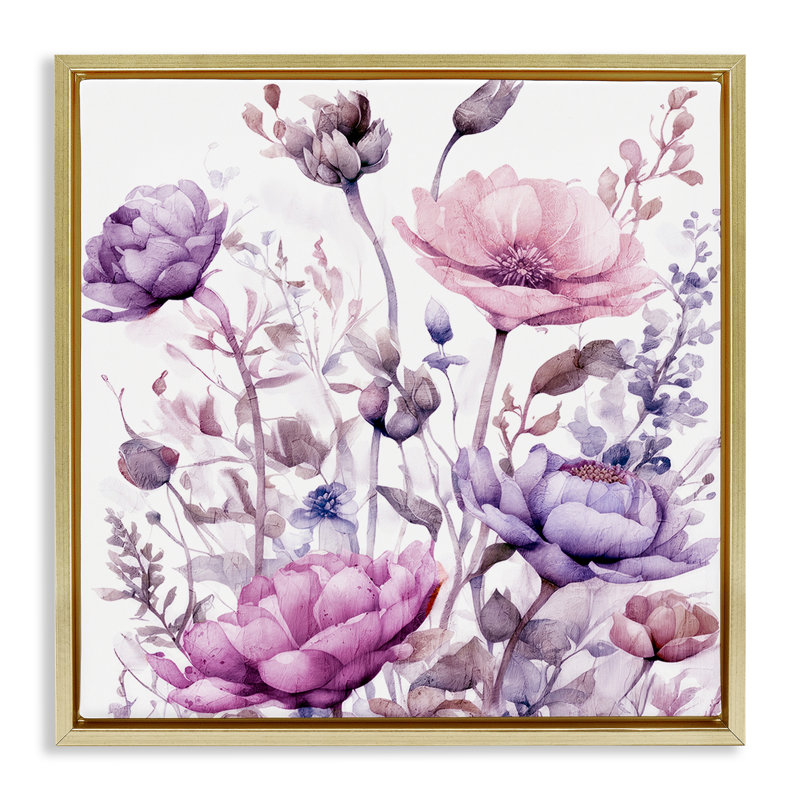 Cadre flottant fleurs mauves et roses, design par Kim Lewis, H 25 po x l 25 po, Cadre flottant métallique doré
