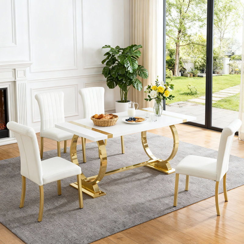 Ensemble de tabel de salle à manger rectangulaire moderne 5 pièces l 80 po, H 30 po x l 80 po x P 39 po, Doré, Blanc / Doré