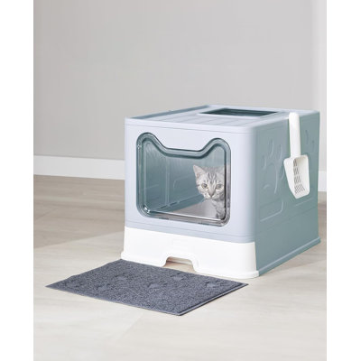 Cat Litter Box with Litter Mat and Scoop, Large Foldable Litter Box with Lid