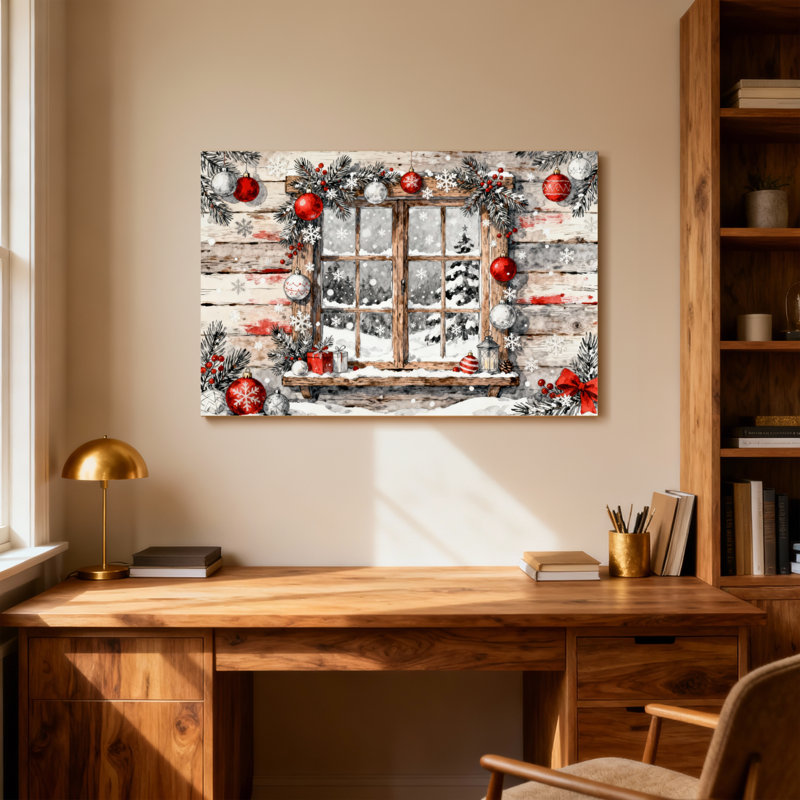 Fenêtre de Noël avec neige et ornements, H 24 po x l 36 po