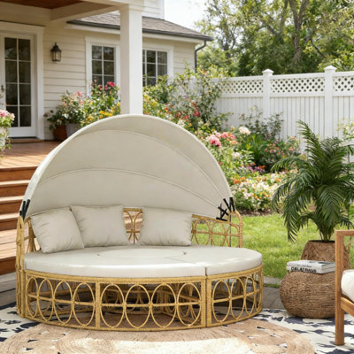 Ensemble de lit de jour d'extérieur avec auvent rétractable, ensemble de conversation en osier de rotin PE 4 pièces, convertible en chaise longue ronde pour patio de jardin près de la piscine, blanc crème