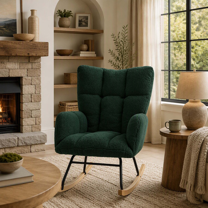 Glider Chair for Living Room Tufted Upholstered Teddy Fabric Rocking Chair with Metal Frame Accent Chair Green