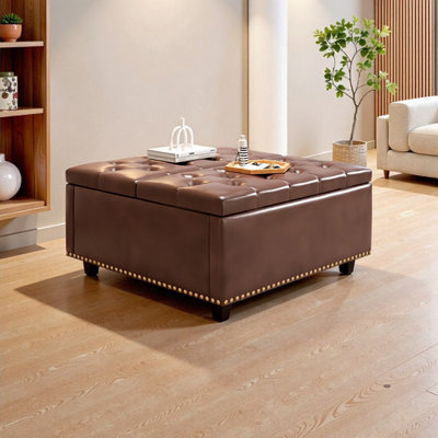 Mid-Century Modern PU Leather Oversized Storage Ottoman Bench - 32.2" Square Foam Seat Footstool Coffee Table with Tufted Design by Red Barrel Studio