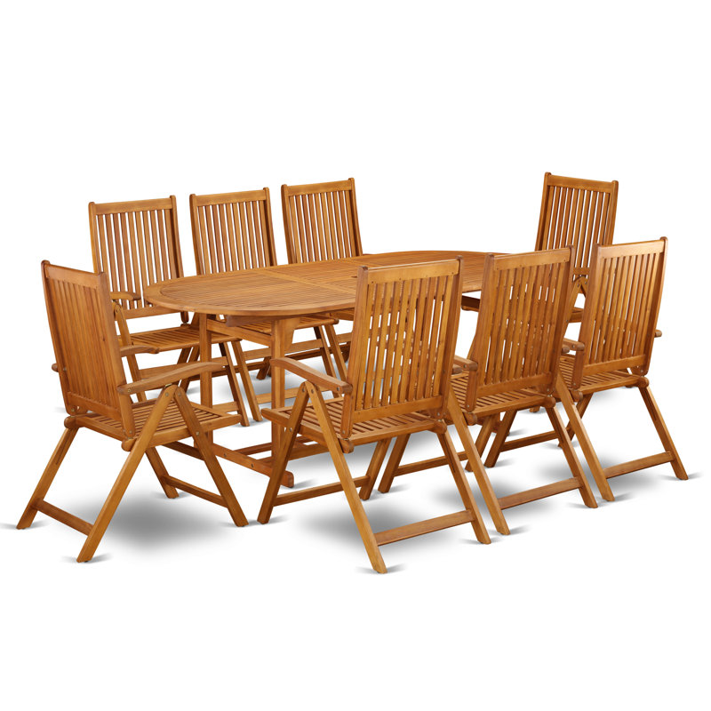 9 Piece Patio Bistro Dining Furniture Set Includes an Oval Outdoor Acacia Wood Table and 8 Folding Adjustable Arm Chairs, 36x78 Inch, Natural Oil