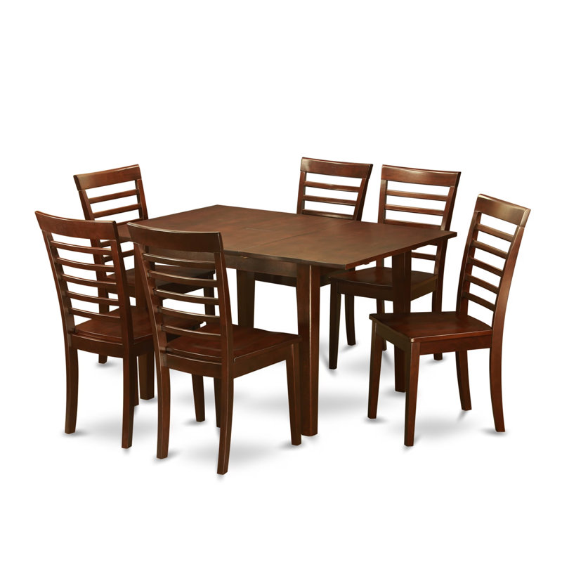 Ensemble de cuisine 7 pièces comprenant une table de salle à manger rectangulaire avec rallonge papillon et 6 chaises en bois massif, 91 x 137 cm, acajou.