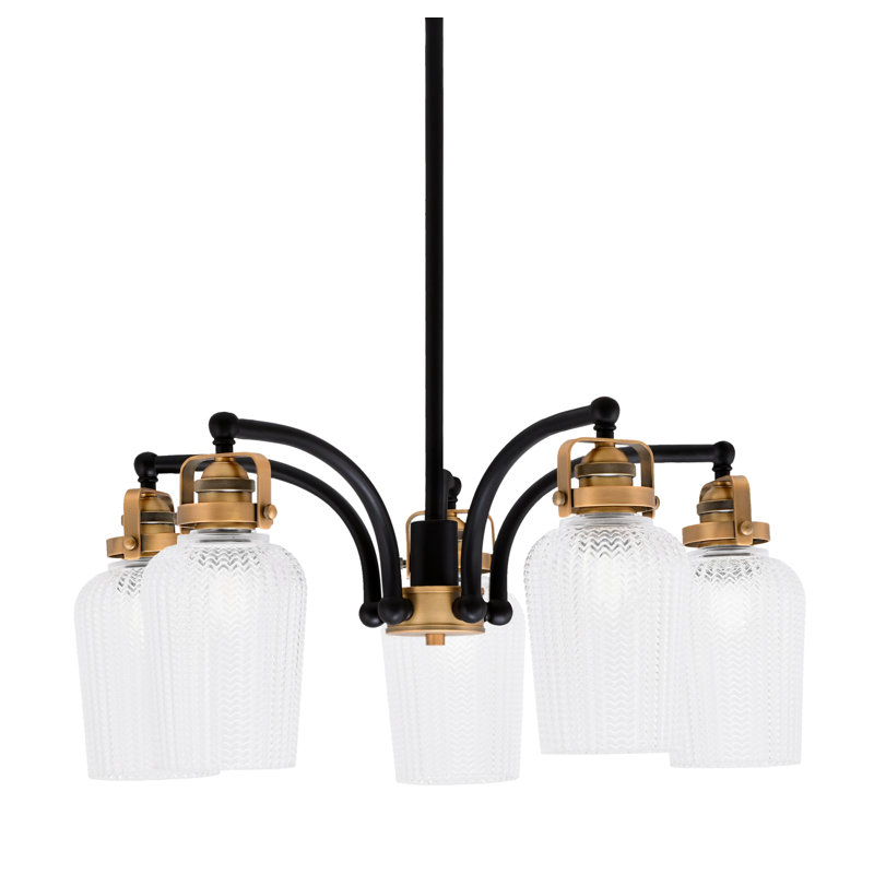 Lustre avec 5 lumières Easton, Verre texturé transparent, Noir mat / laiton