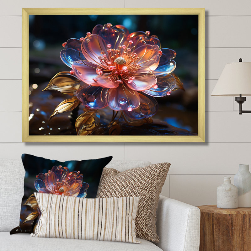 Fleurs de cristal rose sur toile, Cadre doré à une seule photo, H 30 po x l 40 po x P 1 po