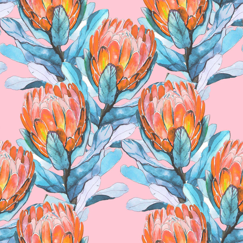 Protea sur papier peint rose, L 124,8 po x l 25 po