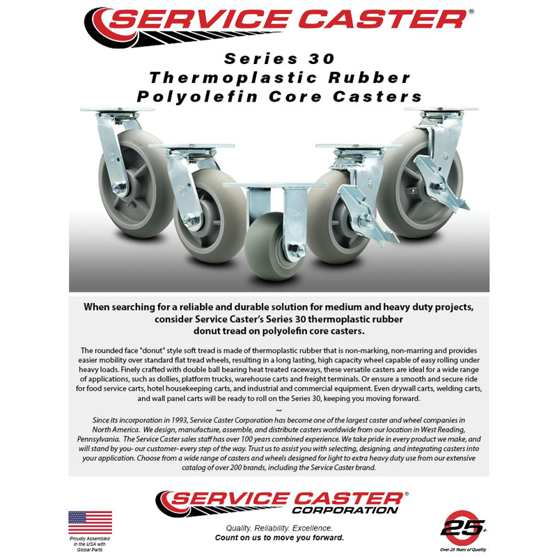 8 Inch Thermoplastic Rubber Caster Set with Roller Bearings 2 Brakes 2 Rigid SCC
