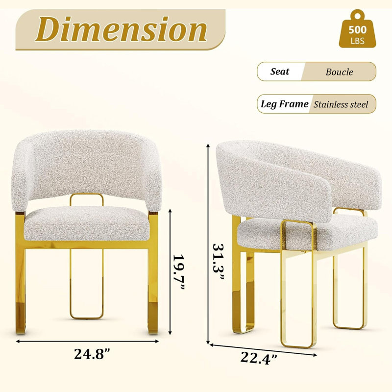 Glam And Luxurious White Boucle Upholstered Barrel Dining Room Chairs With Polished Gold Legs And Armrest, Beige, Gold