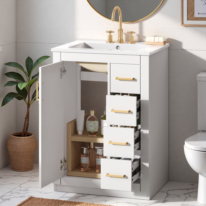 Meuble-lavabo avec lavabo en céramique, 1 armoire et 3 tiroirs, Blanc