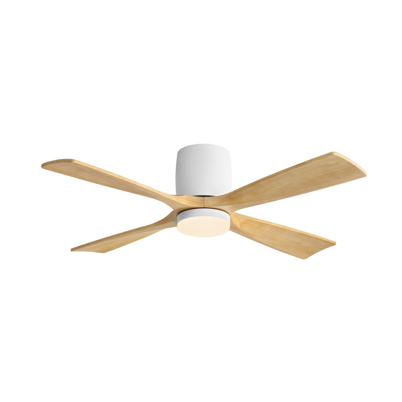 48 po Ventilateur de plafond à 4 pales avec fixation encastrée et télécommande intégrée, Naturel, Blanc