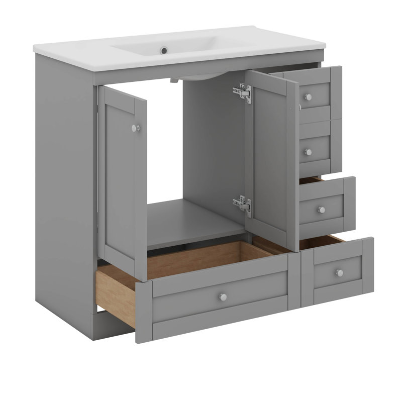 36" Bathroom Vanity With Ceramic Sink, Bathroom Storage Cabinet With Drawers, Grey
