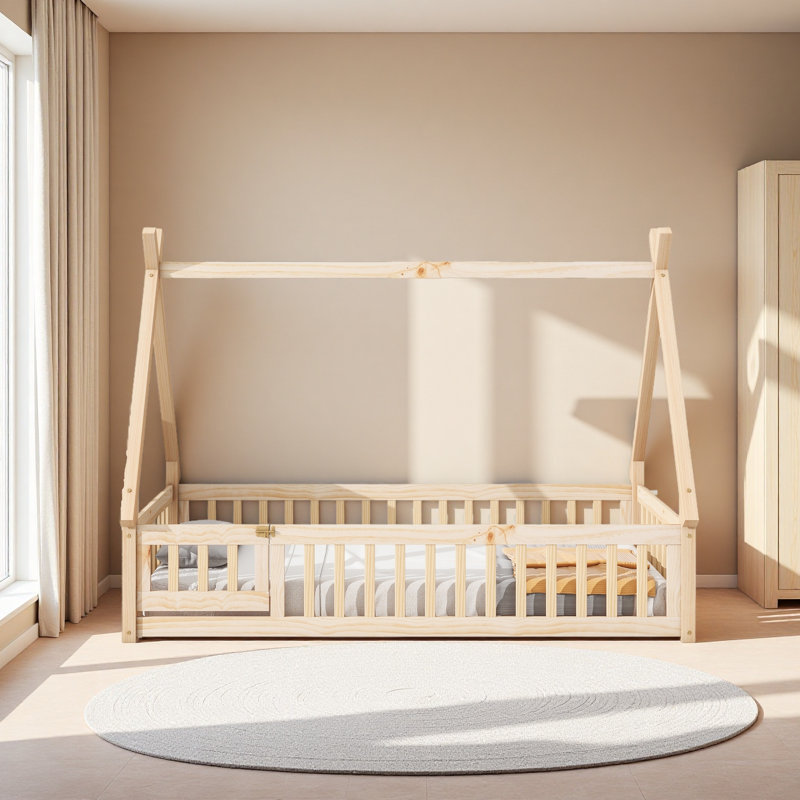 Lit simple en forme de tente avec garde-corps, lattes et porte, Naturel