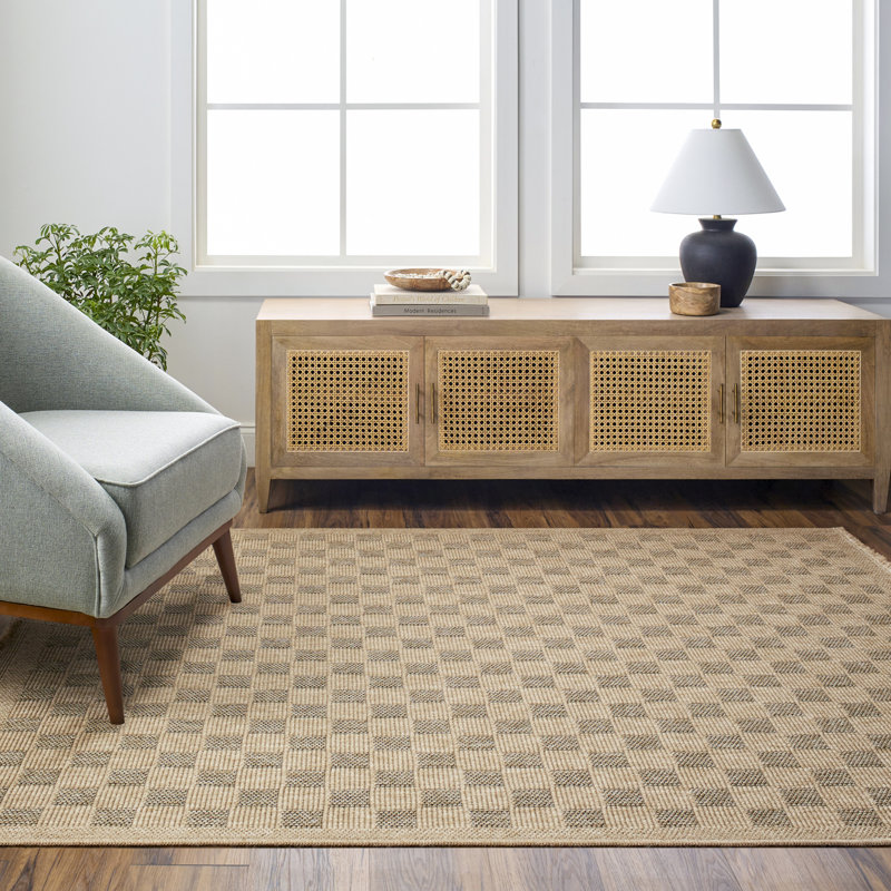 Outdoor Jute-Look Checkered Rug Tan/Black_MGE2311, Rectangle 200 x 275 cm