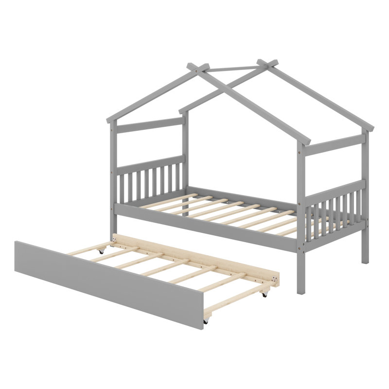 Lit en bois avec lit gigogne simple, Gris, Lit simple