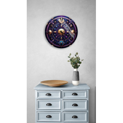Horloge murale ornée de médaillon céleste en verre trempé bleu et or