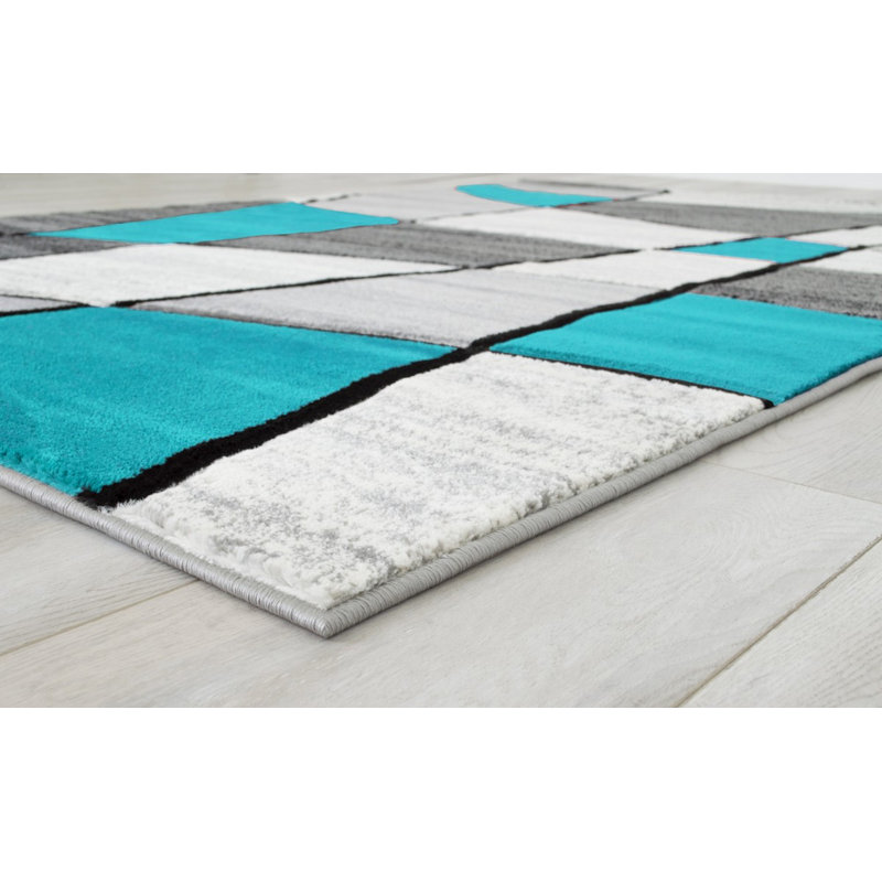 Tapis géométrique turquoise/gris Aftan, Rectangle de 7 pi x 10 pi 5 po