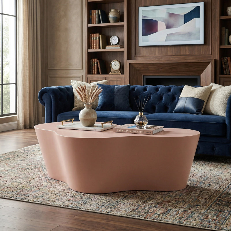 Table basse sculpturale moderne 50 po, fibre de verre, aucun assemblage requis, rose, Rose